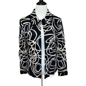 Ming Wang Size M Black Abstract Open Front Blazer Cardigan Jacket Hook & Eye